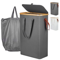 Yamagahome 52L Schmaler Wäschekorb mit Deckel, Slim Wäschesammler mit Wäschesack und 5 Gummifüße, Faltbarer Wäschetruhe aus Bambus und Wasserdichter Stoff für Apartment, Wohnheim und Wohnwagen