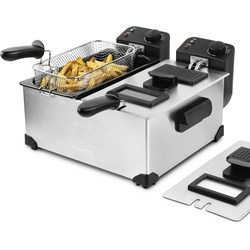 H.Koenig DFX600 Fritteuse aus Edelstahl, Doppelbecken, 2 unabhängige Thermostate je 3L, herausnehmbare spülmaschinenfeste Körbe, Geruchsfilter