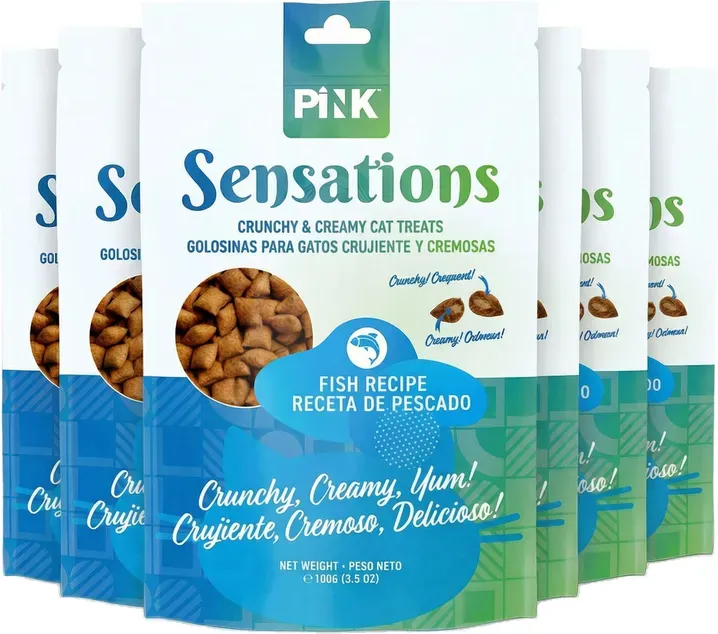 PINK Knusprige Katzensnacks (Crispy Crunch) 6 × 100 g – Lachs-Geschmack, gefüllter Katzensnack / Katzen Leckerli mit knuspriger Hülle & cremiger Fleischfüllung | 24,72 % Protein – Vertrauenswürdige kanadische Marke