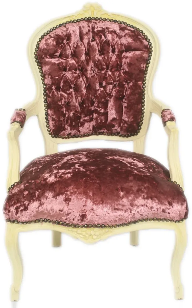 Casa Padrino Barock Salon Stuhl Bordeaux Velour Stoff / Creme - Antik Design Möbel