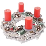 Mendler Adventskranz rund, Weihnachtsdeko Tischkranz, Holz Ø 35cm weiß-grau ~ mit Kerzen, rot
