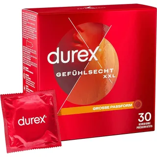 DUREX Gefühlsecht XXL Kondome – Dünne Kondome mit großer Passform & mit Silikongleitgel befeuchtet, - für einen komfortablen Sit – 30er Pack (1 x 30 Stück)