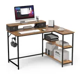Mondeer Schreibtisch L Form mit Regalen Reversibel, Eckschreibtisch 120x90x90cm, Abnehmbare Monitorständer mit 2 Schubladen, Computertisch für Büro Heimbüro Arbeitszimmer, Vintage Braun
