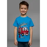 Kidsworld T-Shirt "Mit coolem FEUERWEHR Druck", Jungen, Gr. 128/134, blau (türkis), Single Jersey, Obermaterial: 100% Baumwolle, bedruckt, Basic, Rundhals, Shirts T-Shirt, Kurzarm, Basic-Passform, mit stylischem Druck, Rundhalsausschnitt