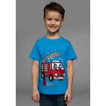 Kidsworld T-Shirt "Mit coolem FEUERWEHR Druck", Jungen, Gr. 128/134, blau (türkis), Single Jersey, Obermaterial: 100% Baumwolle, bedruckt, Basic, Rundhals, Shirts T-Shirt, Kurzarm, Basic-Passform, mit stylischem Druck, Rundhalsausschnitt