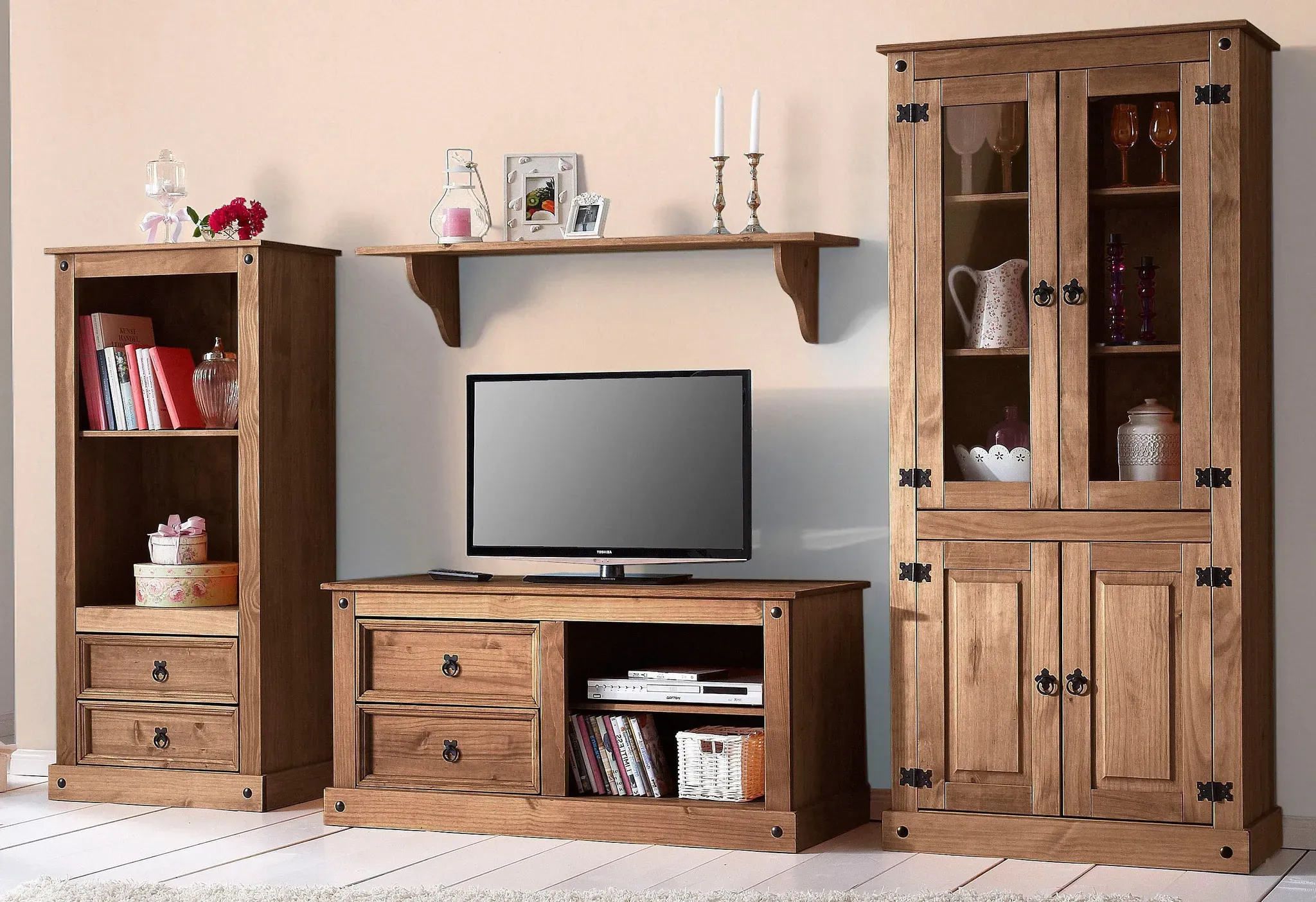 Wohnwand OTTO HOME, braun (dunkel gewachst), B:266cm, Kastenmöbel-Sets, Wohnwand, bestehend aus 1 Vitrine, 1 Lowboard und 1 Regal, ohne Wandboard