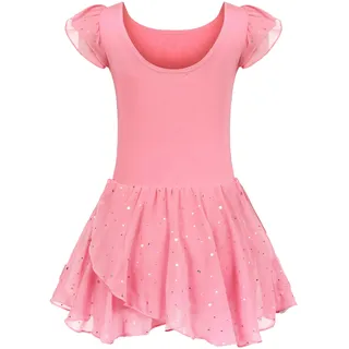 Kinder Ballettkleidung Ballettkleid Mädchen Kurzarm Baumwolle Balletttrikot Ballettanzug Tanzkleid Tanzbody mit Rock Tütü, Rosa B, 150 / 8-9 Jahre - 150