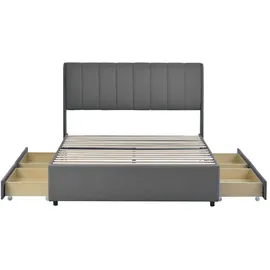 AUTOLOCK Polsterbett Doppelbett 140 x 200 cm, mit Schubladen Lattenrost Rückenlehne, Leinenbett mit Außenverteidigern auf beiden Seiten des Kopfteils - Grau