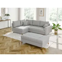 s-style möbel - Ecksofa mit Schlaffunktion und Hocker mit Braun Holzfüßen im skandinavischen Stil aus Hellgrau Cord-Stoff, Ottomane links - Hellgrau