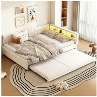 HAUSS SPOLE Schlafsofa 140x200cm mit USB+Typ C, LED-Licht, ausziehbarem Bett, Leinen, Beige, mit Ablage, ausziehbares Tagesbett mit USB-C Ladefunktion 140x200 cm, Ohne Matratze beige