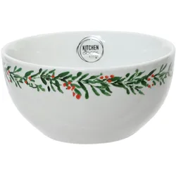 Müslischale Porzellan 14x7cm - Schüssel mit Blätter Motiv Weihnachtsgeschirr Weihnachtsschale Geschirr Weihnachten Frühstücksgeschirr Schale Weiß Grün