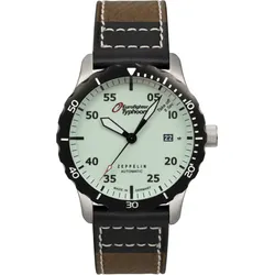 Zeppelin Herrenuhr Eurofighter 72685 - Beiges,nachts leuchtendes Ziffernblatt mit schwarzen Zahlen/Indices,khaki,weiße Naht - 43mm