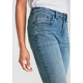 H.I.S. Caprijeans H.I.S, Damen, Gr. 38, N-Gr, blau (blau used 30), Denim/Jeans, Obermaterial: 98% Baumwolle, 2% Elasthan, schmal kniebedeckend, Jeans, schmale Beinform, krempelbare Beinabschlüsse, hohe Leibhöhe
