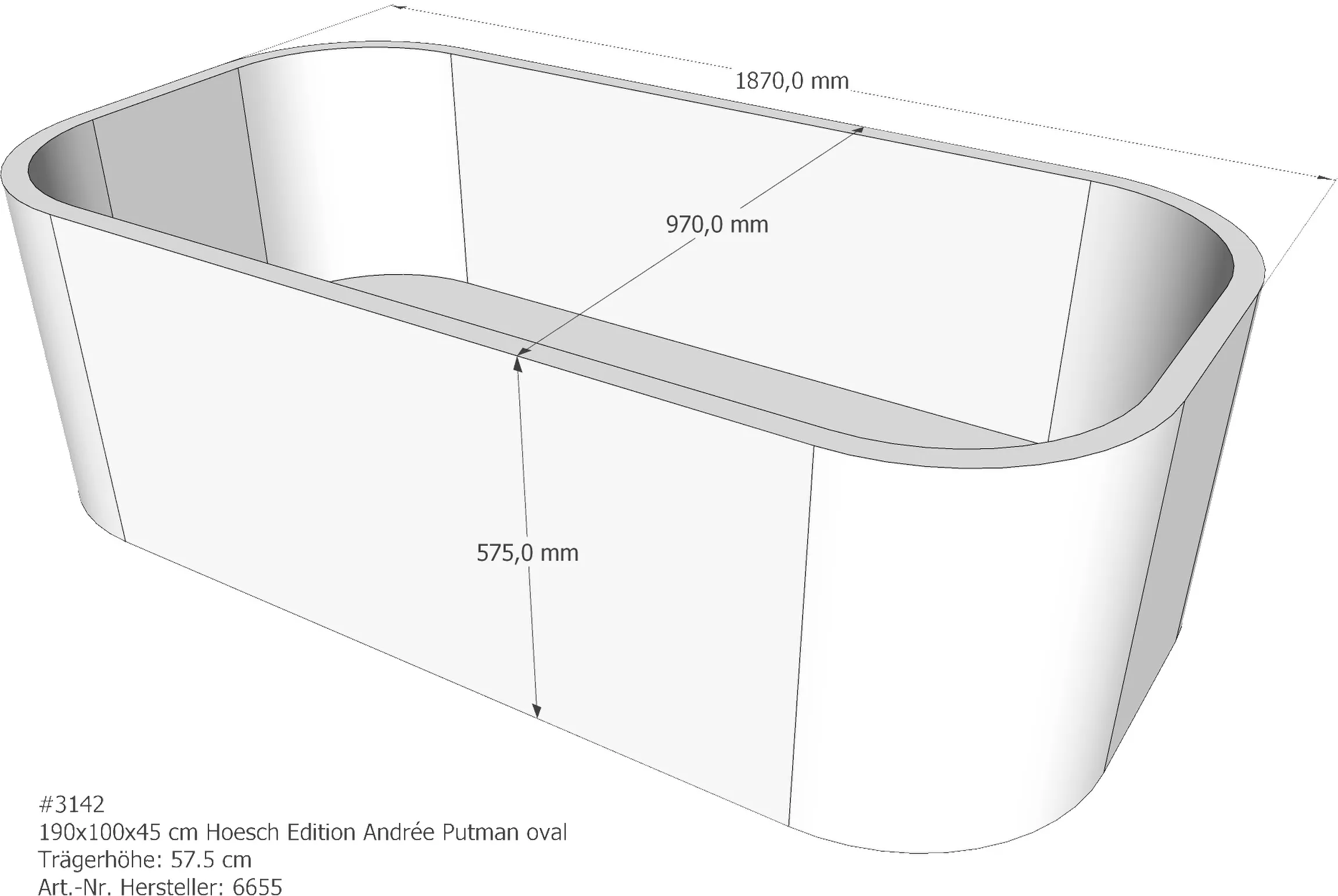 Wannenträger Hoesch Edition Andrée Putman 190x100x45 cm Oval Mittelablauf