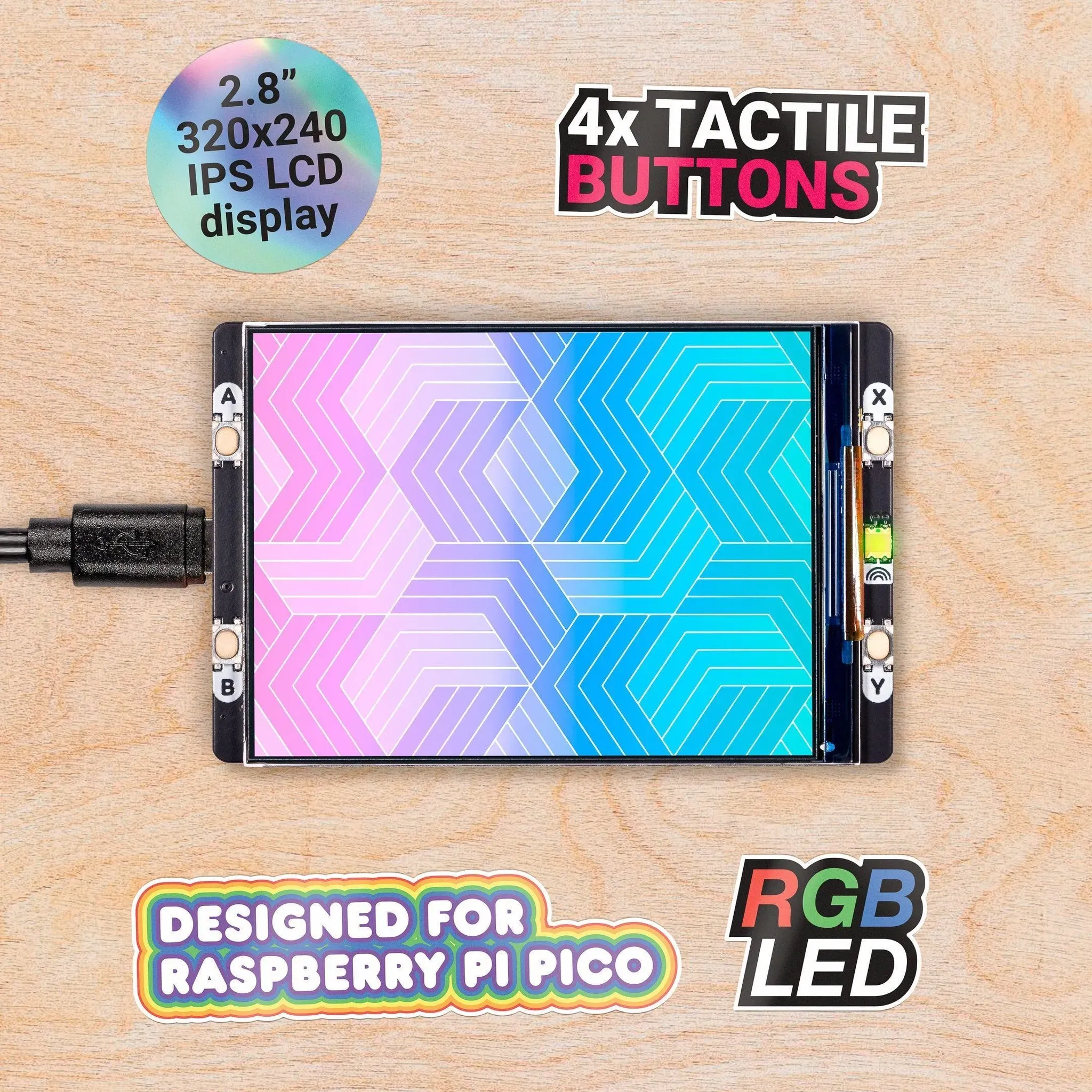 Pimoroni Pico Display Pack 2.8, für Raspberry Pi Pico, 320x240 IPS LCD, 4 Tasten, RGB LED, Qw/ST