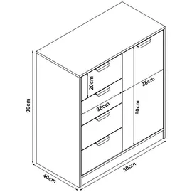 [en.casa] Kommode Varkaus 90x80x40 cm Eichenoptik/Weiß