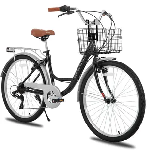 HILAND 26 Zoll Cityräder für Erwachsene, Step-Through Rahmen Damenfahrrad mit Gepäckträger und Korb, Herren und Damen 7 Gang-Schaltung Hollandfahrrad Citybike, City-Pendlerfahrrad für Männer, Schwarz