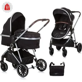 Chipolino Kinderwagen Aura 2 in 1 umbaubar Wickeltasche Sitz umkehrbar bis 22 kg schwarz