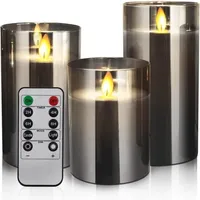 3 LED-Flammenlose Kerzen, 10-15 cm, elektrische Glassäulenkerzen, graue LED-Flackerflamme, batteriebetrieben mit Fernbedienung und Timer für Partys,