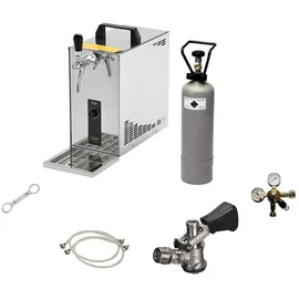 ich-zapfe Komplett Set - Zapfanlage, Bierzapfanlage, Bierkoffer, Durchlaufkühler PYGMY 25 LE, 1-leitig Trockenkühler, 30 Liter/h, Green Line, Zapfkopf:Korb