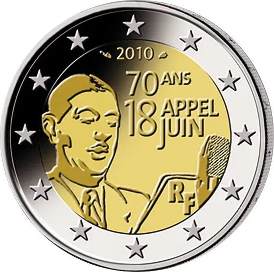 2 Euro Gedenkmünze "70. Jahrestag des Appells vom 18. Juni" 2010 aus Frankreich