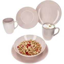 Ossia 6tlg Tearose rosa Frühstücksset Steingut Teller Kaffee-Becher Müsli-Schale