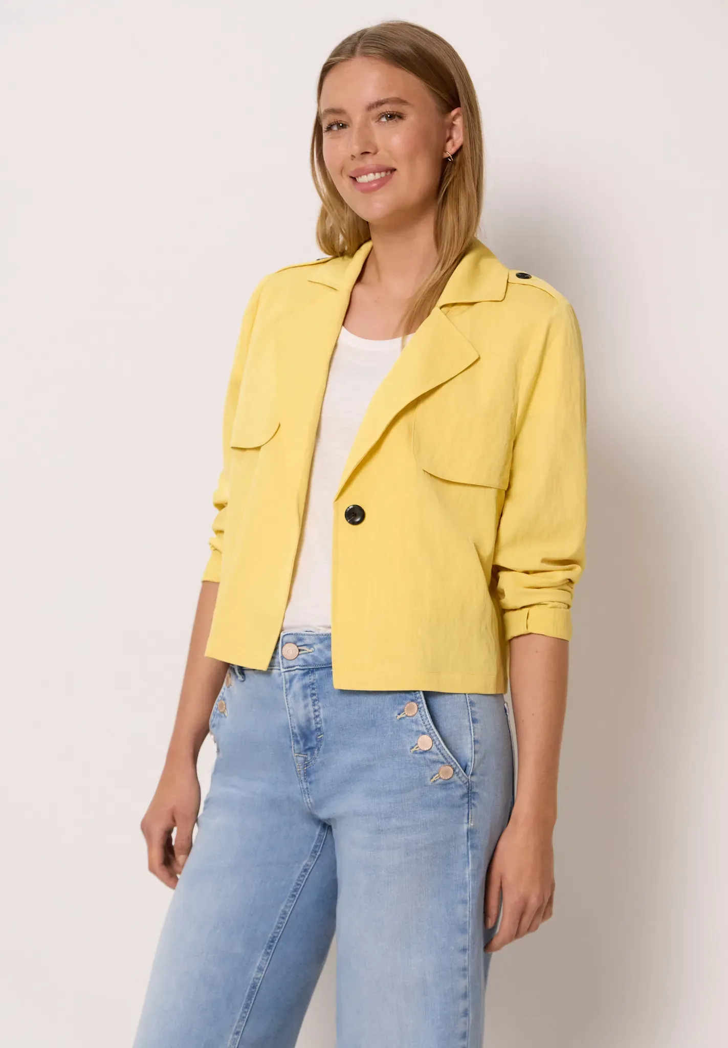 Blouson STREET ONE STUDIO, Damen, Gr. 38, gelb (snap gelb), Stoff, 65% Viskose, 35% Nylon, unifarben, normal kurz, V-Ausschnitt, abgesteppt, Jacken Blouson, aus softem Materialmix