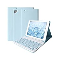 Tastatur Hülle für iPad 9.7" 2018 (6. Gen)/iPad 9.7" 2017 (5. Gen)/iPad Pro 9.7/iPad Air 2/Air 1, TPU Schutzhülle mit drahtloser Abnehmbarer Bluetooth-Tastatur & Eingebautem Pencil Halter(Hellblau)