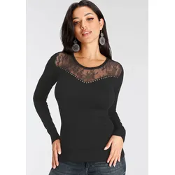 Rundhalspullover, mit Spitze und Nieten-Details, Gr. 40, schwarz, , 84377308-40