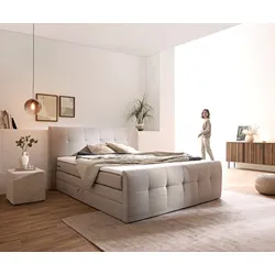 DELIFE Boxspringbett Sebastiano 180x200 cm Flachgewebe Beige Bettkasten, Boxspringbetten