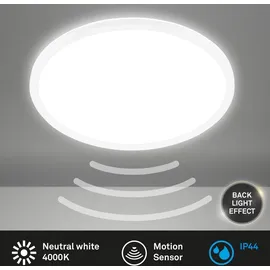 Briloner Deckenlampe mit Bewegungsmelder 3m Reichweite IP44, neutralweiße Lichtfarbe, flach, 120 Grad Erfassung, Deckenleuchte, LED Badlampe, Badezimmerlampe, 42x3 cm, Weiß