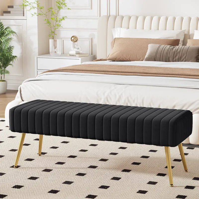Ckaff Bank Flur Schlafzimmer Bank 113,5 cm, Esszimmerbank, Bettbank Flur Bank, Fußhocker, Schminkbank Schuhbank mit Holzbeinen aus Samt für Schlafzimmer Wohnzimmer Flur, Schwarz