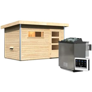 Gartensauna Pultdach Saunahaus Skrollan 1 mit Vorraum-9 kW Bio-Kombiofen inkl. Steuergerät-Moderne Saunatür (Klarglas)