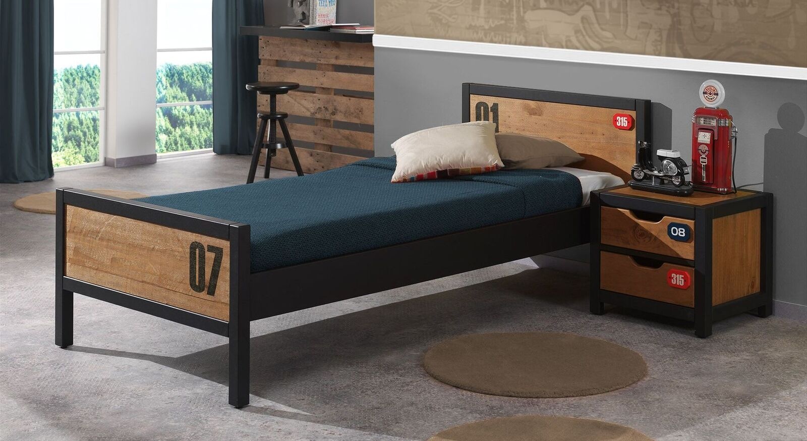 Trendiges Jugendbett mit Nachttisch im Industrial-Look - Beli