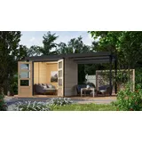 Karibu Gartenhaus Jupiter D inkl. Anbaudach - 19 mm-213 x 217 cm- Holz-Ausführung: wassergrau - Blech-Ausführung: anthrazit