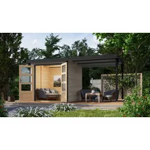 Karibu Gartenhaus Jupiter D inkl. Anbaudach - 19 mm-213 x 217 cm- Holz-Ausführung: wassergrau - Blech-Ausführung: anthrazit
