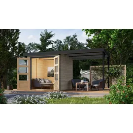 Karibu Gartenhaus Jupiter D inkl. Anbaudach - 19 mm-213 x 217 cm- Holz-Ausführung: wassergrau - Blech-Ausführung: anthrazit