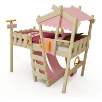 Wickey Kinderbett CrAzY Snuggy Massivholz-Hochbett mit Leiter, Lenker & Rutsche (opt) (Spielbett mit optionaler 175 cm Rutsche für maximalen Spielspaß, Abenteuer-Etagenbett mit Zubehör – auf Wunsch mit Rutsche), Massivholz-Konstruktion für Sicherheit und langlebigen Spielwert rosa