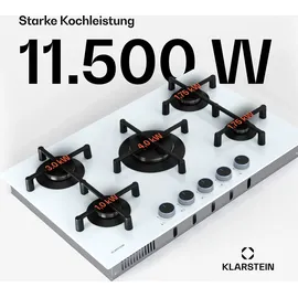 Klarstein Illuminosa 5 Gaskochfeld, 5 Sabaf-Brenner, 4 kW Wokbrenner, Gehärtetes Glas, Elektrische Zündung, Flammenausfallschutz, Topfhalter aus ... - Weiß