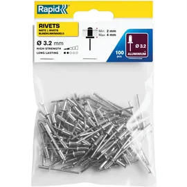 Rapid Blindnieten Aluminium Standard Ø 3,2mm, 2-4mm Klemmbereich, 100 Stück pro Beutel, für Blindnietzangen