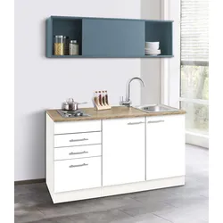 Pantryküche OPTIFIT "Mini", blau (front: weiß, blau, korpus: weiß, arbeitsplatte: wildeichefarben), B:150cm T:60cm, Komplettküchen-Sets, Breite 150 cm, mit Kochfeld und Einbau-Spülbecken
