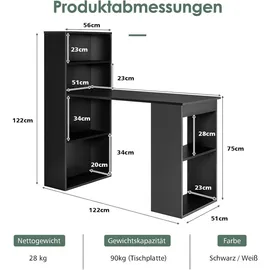 Costway Schreibtisch mit Bücherregal, Computertisch mit 6 Regalen, PC-Tisch mit Regal rechts oder Links, Bürotisch, 122 x 56 x 122 cm Arbeitszimmer, Schreibtische, Computertische