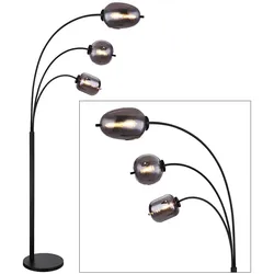 Stehleuchte Rauchglas Retro Bogenstehleuchte Wohnzimmer Stehlampe schwarz Metall Glas, Fußschalter, 3x E14 Fassungen, LxBxH 80x60x175 cm