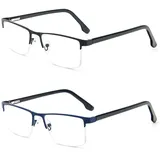 MMOWW 2er-Pack Lesebrille Herren Mit Blaulichtfilter, Rechteckige Halbrahmen Metall Lesebrillen Lesehilfe, Feder Scharnier Lesebrillen (Schwarz+Blau, +2,0)