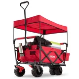 Arebos Bollerwagen faltbar mit Dach | Handwagen | Transportkarre Gerätewagen inkl. 2 Netztaschen und Einer Außentasche | Vorderrad-Bremse | klappbar | Vollgummi-Reifen | bis 100 kg Tragkraft | Rot