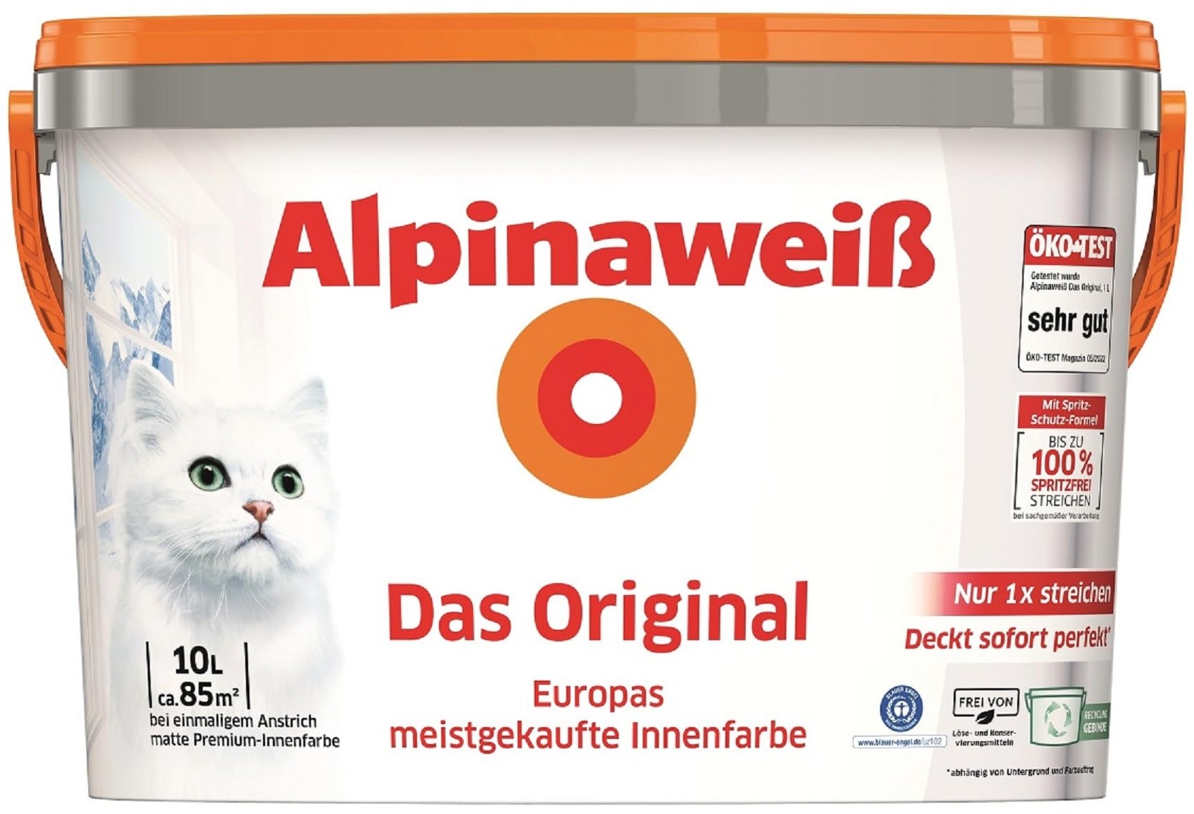 Alpinaweiß Das Original – optimal deckende und ergiebige weiße Wandfarbe – mit Spritz-Schutz-Formel – 10 Liter