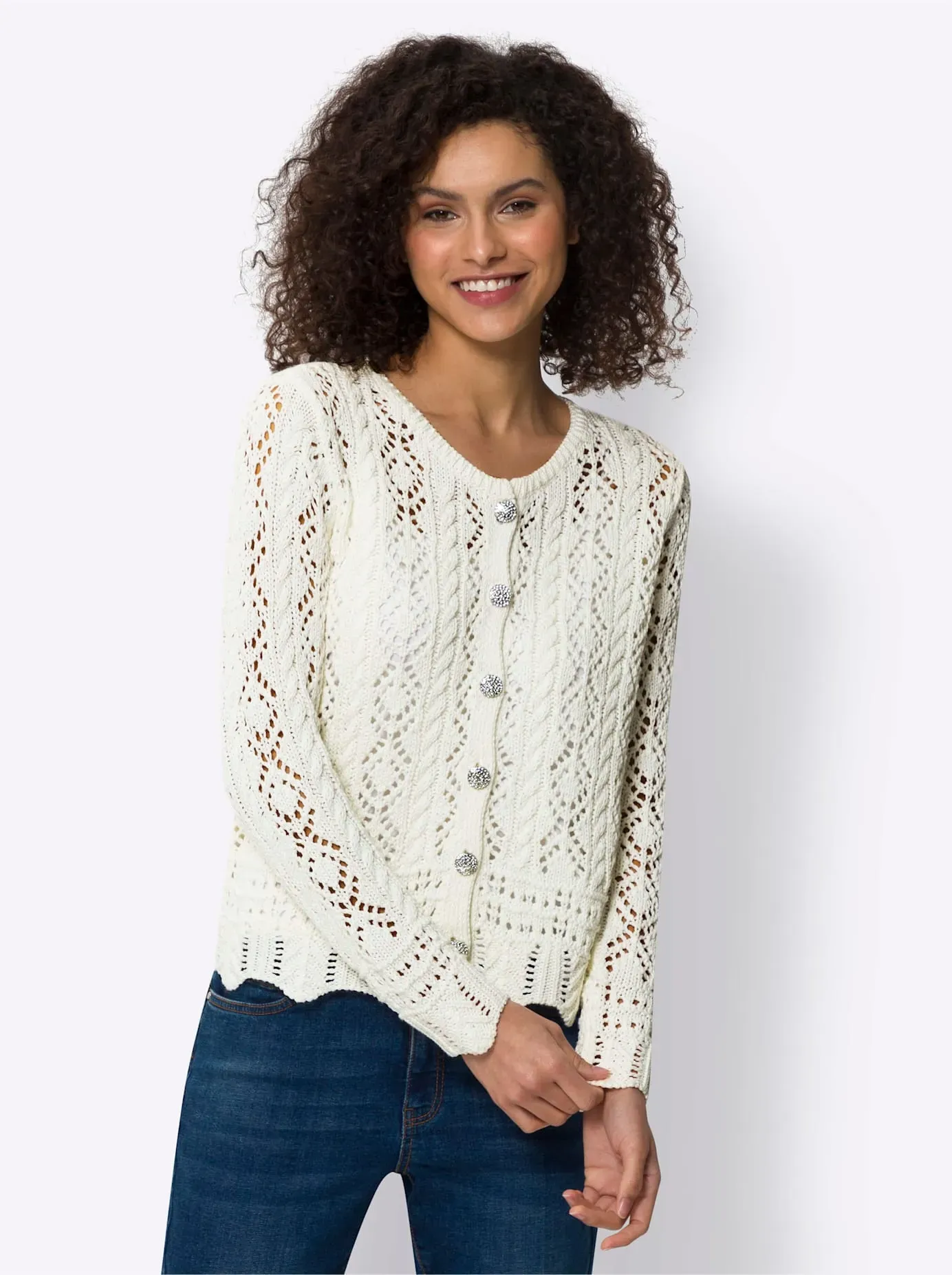 Ajourstrickjacke HEINE, Damen, Gr. 44, beige (champagner), 50% Baumwolle, 50% Polyacryl, unifarben, Strickjacken Ajourstrickjacke