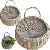 ptumcial Rattan-Pflanzgefäß zum Aufhängen 2 Stück natürliches Rattan Vintage-Wand-Hängekorb Aufbewahrung Pflanzkorb Wand-Blumentopf für Zuhause Grau