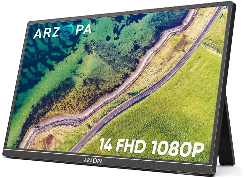 ARZOPA A1S tragbarer Monitor mit Kickstand, 14,0 Zoll ultraflacher tragbarer Laptop-Monitor, FHD 1080p externes Display mit Dual-Lautsprechern, Zweitbildschirm für Laptop, PC, Smartphone, Xbox, PS4/PS5, Switch
