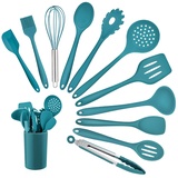 Homikit Küchenhelfer Set, 12-teilig Silikon Kochutensilien Kochgeschirr Set, Hitzebeständiger Kochbesteck mit Utensilienhalter, Gesund & Antihaft, Spülmaschinengeeignet, Blau